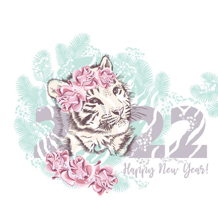Card for the New year of the tiger 2022, tiger cub with a wreath of roses on the background of a wreath of branches of a Christmas tree on a white backgroundのイラスト素材
