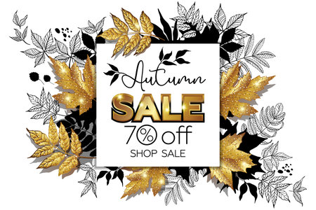 Autumn sale banner, golden autumn leaves and contours of autumn leaves, gold sales emblem. 70% off autumn sale. Baner postcard for print media and online storesのイラスト素材
