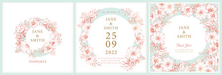 Wedding invitation template, three cards with pink flowers and leaves in a light blue circle, drawing with a line of flowers on a pale blue background, table number and a card for the guest.のイラスト素材