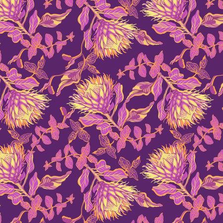 Protea flowers, seamless pattern. Trendy, exotic background. Vector illustration. Suitable for the design of fabric, linen, shawls, packaging, wrapping paper, wallpaperの写真素材