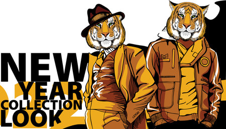 New Year banner for a fashionable men's clothing store. A tiger in a suit and a hat, a tiger in an...