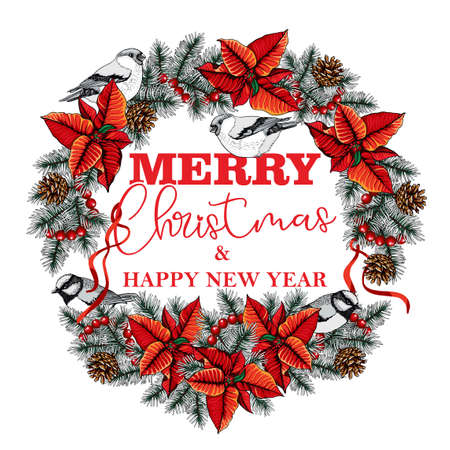 Christmas wreath, fir tree with cones, bullfinch, tit on a white background. Souvenirs, congratulations, banner for the new year.の写真素材