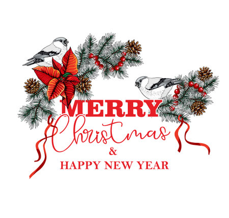 Christmas tree with bullfinch cones, on a white background. New Year's composition, postcard, garland, frame, edging. Souvenirs, congratulations, banner for the new year.のイラスト素材