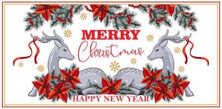 Merry Christmas and New Years postcard. Drawing of a deer with a Christmas wreath on the neck, branches of a Christmas tree and snowflakes. Illustration for printing on textiles and souvenirs.の写真素材