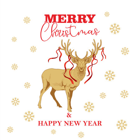 Christmas deer with red ribbons on the horns and the inscription Happy New Year. Christmas card in a laconic style on a white background.のイラスト素材