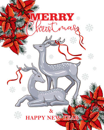 Christmas deers with red ribbons on the horns and the inscription Happy New Year. Christmas card in a laconic style on a white background.のイラスト素材