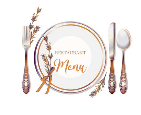 Menu icon for restaurants and wedding invitations. Vintage cutlery, spoon, fork, knife, plate, ribbon, table setting, menu, restaurant, rosemary branch, editable vector.のイラスト素材