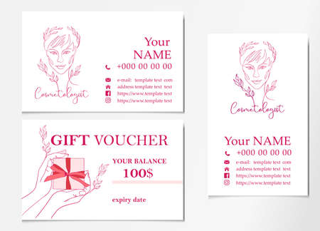 Beautician business card template and gift certificate. Beautiful female face, hands are holding a gift. Line art vector illustration, corporate identity for a beauty salon.のイラスト素材