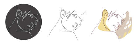 Set of female portrait icons, one line. Design templates for social media stories and bloggers, simple stylish beauty salon logo, badge, label, posters, t-shirts, avatars.のイラスト素材