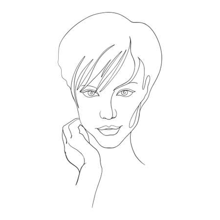 Woman face portrait in one line with place for text, design templates for social media stories and bloggers, simple stylish logo for beauty salons, badge, label, posters, t-shirts, avatars.のイラスト素材
