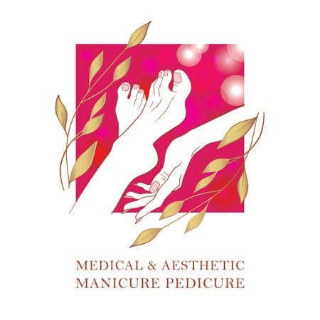 Well-groomed female hands and feet, line art, logo, icon for manicure, pedicure, foot care and therapeutic massage.のイラスト素材