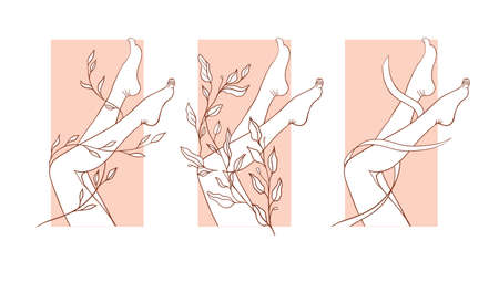 Slender female legs, line art, simple stylish icons for beauty spa, foot care and therapeutic massage. Logo pedicure.のイラスト素材