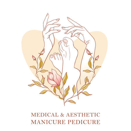 Logo, icon for manicure, pedicure, foot care, for beauty salons and therapeutic massage, well-groomed female hands and feet, line art.のイラスト素材