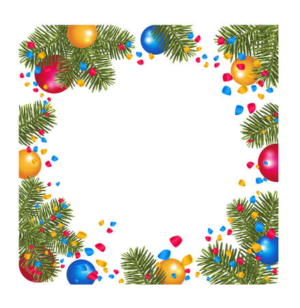 Christmas frame made of fir branches, christmas balls and confetti on a white background with place for textのイラスト素材