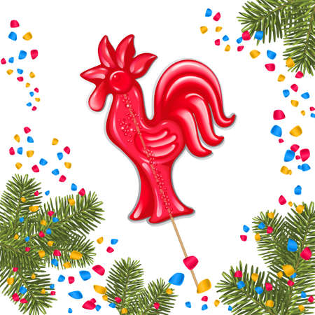 Red lollipop in the shape of a cockerel around branches of a Christmas tree and confetti on a white background.のイラスト素材