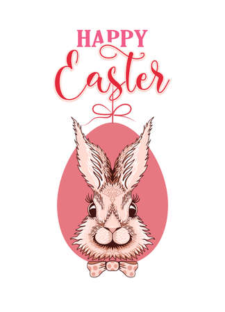 Easter bunny, the muzzle of a pink hare with a bow tie on the background of an Easter egg. Cartoon hare illustration, postcard, congratulation, banner for easter.のイラスト素材
