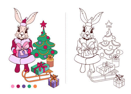 A little rabbit holds a gift in his hands on the background of a New Year tree, sledges with gifts. A bunny in a hat and a fur coat greets the new year. Color and black and white vector illustration for children for coloring.のイラスト素材