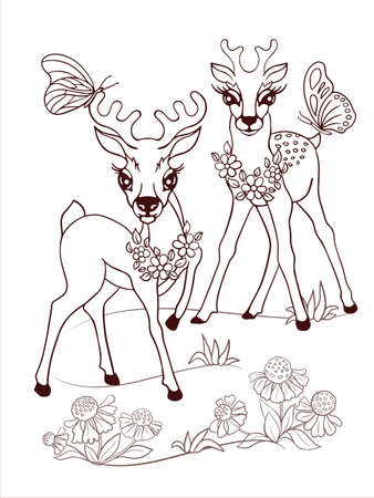 Coloring book page for children. Illustration of a two fawn in the forest in a clearing with a wreath around the neck and butterflies. Printable sheet for school textbook for children. Internet education. Flat cartoonのイラスト素材