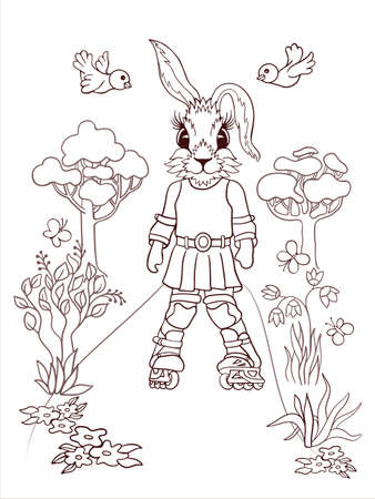 coloring book for children, bunny on rollers in the park, flowers bloom, birds and butterflies fly. Black and white outline, vector illustration for children for coloring.のイラスト素材