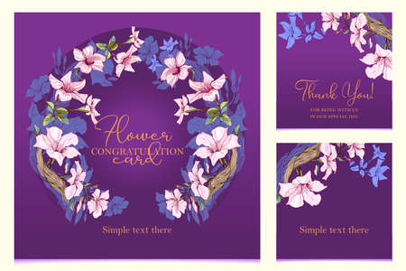 Floral illustration, label, emblem for perfumery, textiles, shawls, packaging, albums, wallpaper cover. Frame of exotic flowers for the cover of postcards, invitations, anniversaries.のイラスト素材