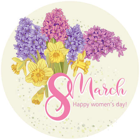 Bouquet of hyacinth and daffodil flowers with a congratulatory inscription for March 8. Vector illustration. Happy Women's Day.のイラスト素材