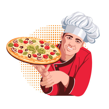 The chef with a pizza in his hands, a young chef in a red suit with a chef's hat on his head, smiles. Poster, label for pizzeria cafe, restaurant, booklet design, menu.のイラスト素材