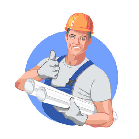 Logo, a builder in a hard hat and special clothes, smiling, with projects in his hands. Advertising construction, home renovation and the profession of a builder.のイラスト素材