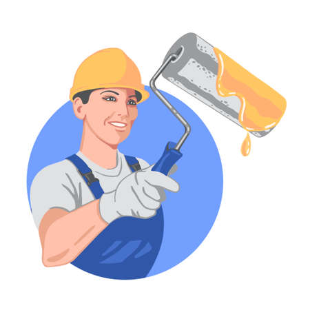 Logo, a girl builder-painter in a helmet and special clothes, smiling, with a roller in her hands, paints the wall. Advertising construction, home repair, painting and the profession of a builder.のイラスト素材
