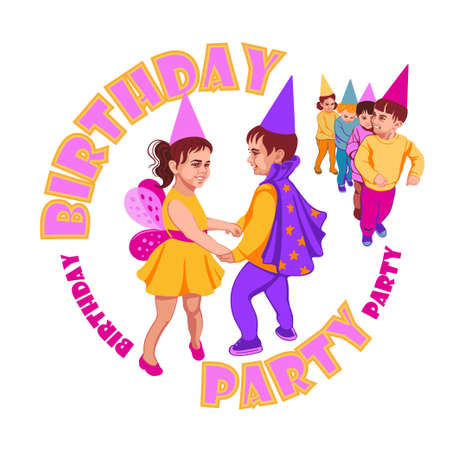 Boy and girl dancing in carnival costumes, children's birthday, party, carnival, holiday. Emblem for children's parties, parties, concerts, dance groups.のイラスト素材