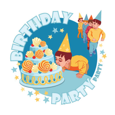 Children's birthday, a boy in a cap bites a cake, a group of children dance. Poster for organizers of children's parties, birthday party invitations.のイラスト素材