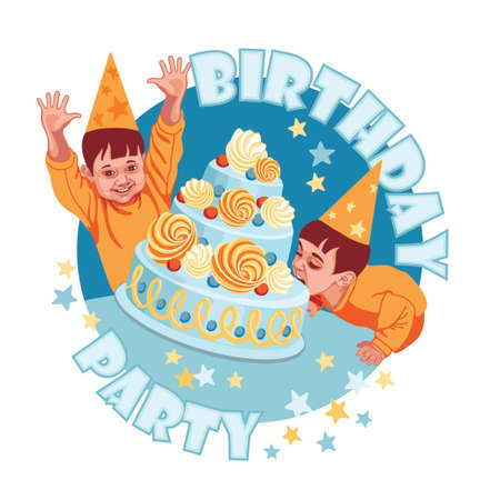 Children's birthday, a boy in a cap bites a cake, the boy rejoices raising his hands up. Poster for organizers of children's parties, birthday party invitations.のイラスト素材
