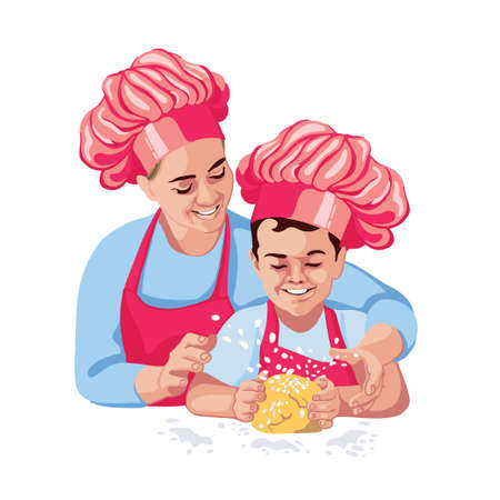 Mother teaching son how to cook and knead dough, advertisement for cooking blog teaching cooking and baking. Little cook in a cap.のイラスト素材