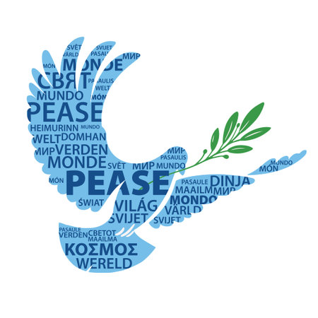 Dove, symbol of peace, contour, silhouette inside the word "peace" is written in different European languages. Poster, postcard for the International Day of Peace.のイラスト素材