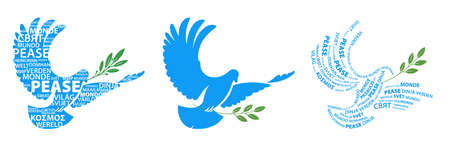 A set of logos of a dove, a symbol of peace, an outline, a silhouette inside the word peace is written in different European languages. Poster, postcard for the International Day of Peace.のイラスト素材