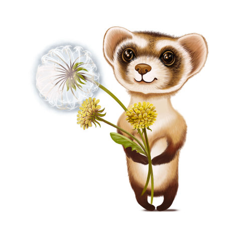 Cartoon character funny ferret with a bouquet of dandelions. Happy birthday card. Picture, emblem, illustration for children, for printing on textiles, t-shirts, mugs and souvenirs.の写真素材