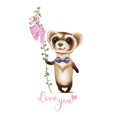 Cartoon ferret with a flower and the inscription I love you. Valentine card, happy birthday card, congratulations. Picture, emblem, illustration for children, for printing on textiles and souvenirs.のイラスト素材