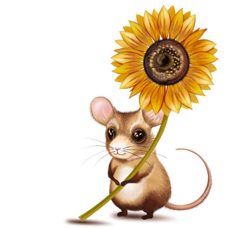 Cartoon character funny mouse with sunflower. Happy birthday card, valentine. Illustration for children, for printing on textiles, t-shirts, mugs and souvenirs.の写真素材