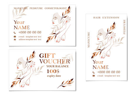 Beautician business card template and gift certificate. Beautiful female face, manicure, pedicure, cosmetologist, hair extension. Line art vector illustration, corporate identity for a beauty salon.のイラスト素材