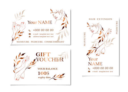 beauty salon business card template and gift certificate. Beautiful female face, manicure, pedicure, cosmetologist, hair extension. Line art vector illustration, corporate identity for a beauty salon.のイラスト素材
