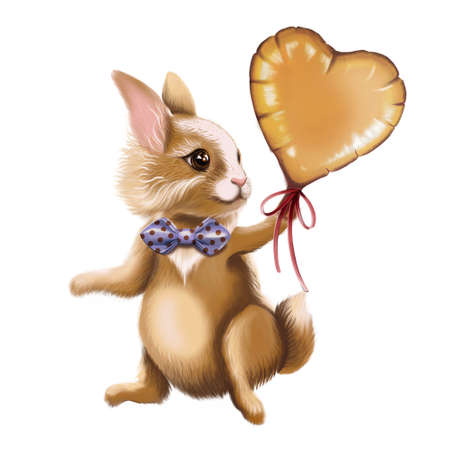 Rabbit, cartoon character, with a heart-shaped balloon. Easter, Valentine's Day, happy birthday greeting card. Illustration on a white background.の写真素材