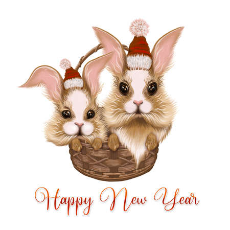 Christmas bunnies sit in a basket. Greeting card, banner for the new year, parties. Illustration for wrapping Christmas gifts.の写真素材