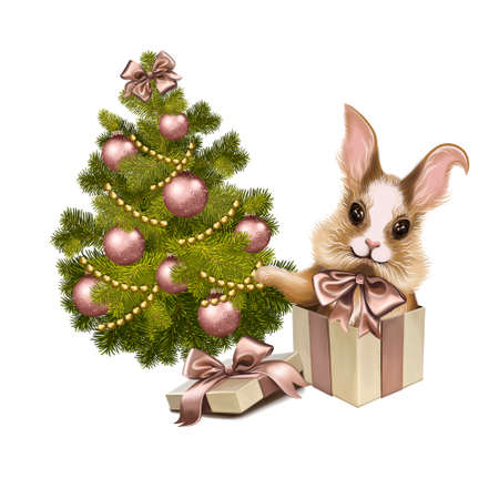 Christmas banny, cartoon character jumping out of a gift box on the background of a Christmas tree decorated with balls. Postcard, banner Happy New Year 2023. Illustration on a white background for New Year's gifts.の写真素材
