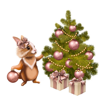 Bunny girl decorates the Christmas tree. Greeting card, banner for the new year, parties. Illustration for wrapping Christmas gifts. Happy New Year 2023.の写真素材