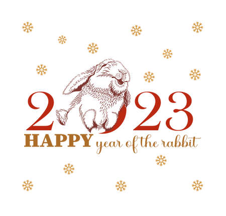 Happy New Year of the Rabbit 2023 greeting card on a white background with snowflakes, made in a minimalist style for gold stamping and silkscreen printing. Joyful hare label. Souvenirs, congratulations, banner.のイラスト素材