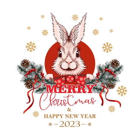 Christmas bunny 2023 on the background of Christmas tree branches with cones and a red garland. Happy New Year Bunny. Joyful hare label. Souvenirs, congratulations, banner.のイラスト素材