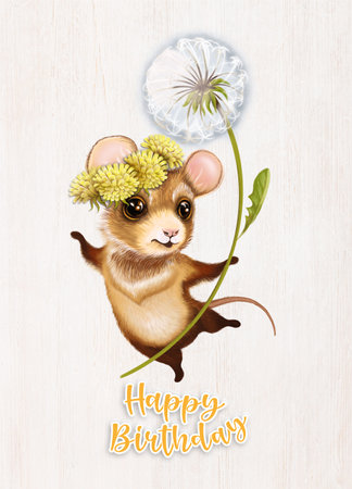 Card cute little mouse with a wreath on his head holds a dandelion in his hand. greeting card for birthday and children's holidays. Suitable for wallpaper, print on children's clothing, paper for gifts.の写真素材
