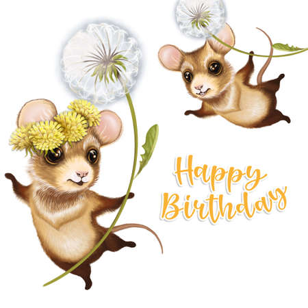 Cute mice with dandelions on a white background. Suitable for wallpaper, print on children's clothing, paper for gifts.の写真素材