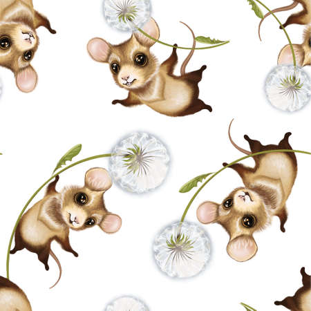 Seamless repeat pattern cute mice with dandelion on a white background. Suitable for wallpaper, print on children's clothing, paper for gifts.の写真素材
