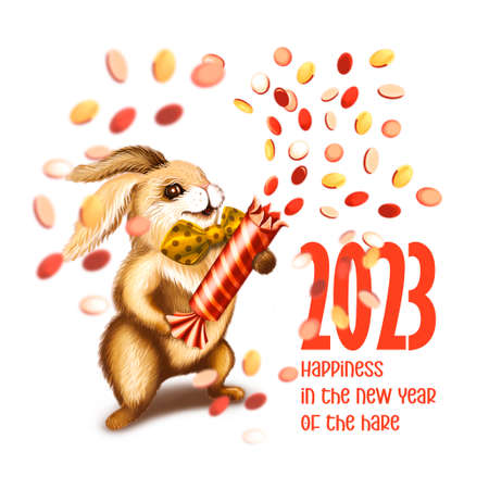 Cheerful hare with a clapper board meets the New Year of the rabbit 2023, postcardの写真素材