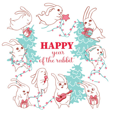 Greeting card for the New Year of the Rabbit 2023. Funny hares are preparing to meet the new year Happy New Year Bunny. Joyful hare label. Souvenirs, congratulations, banner.のイラスト素材